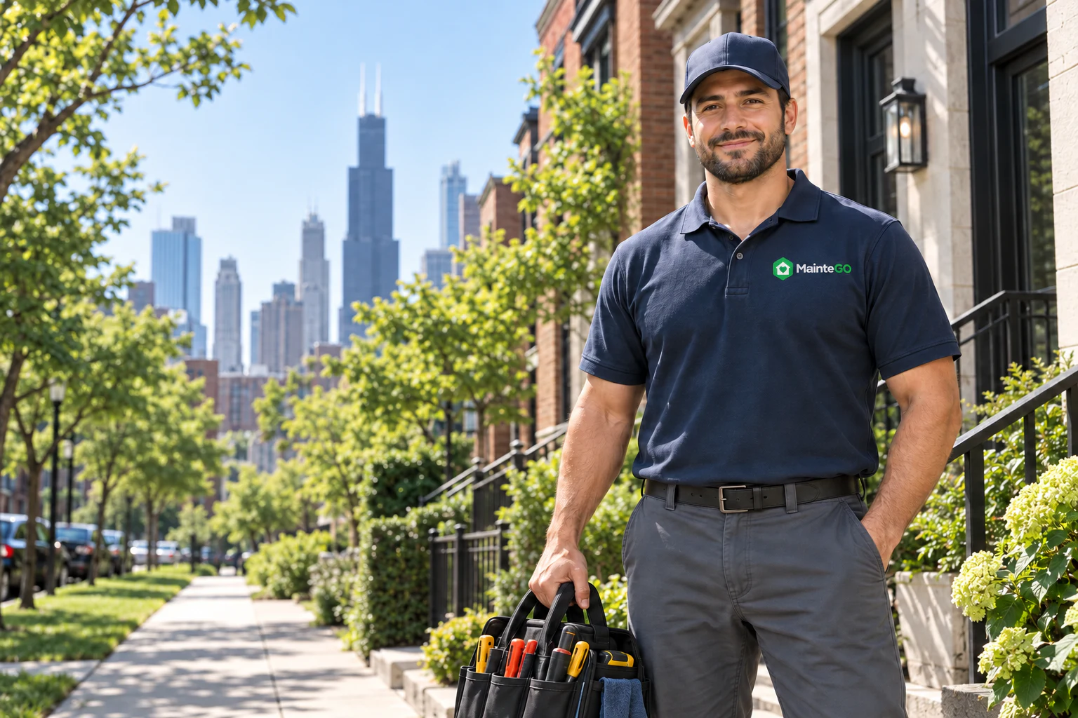 MainteGO maintenance professional wearing a branded uniform on a Chicago residential street