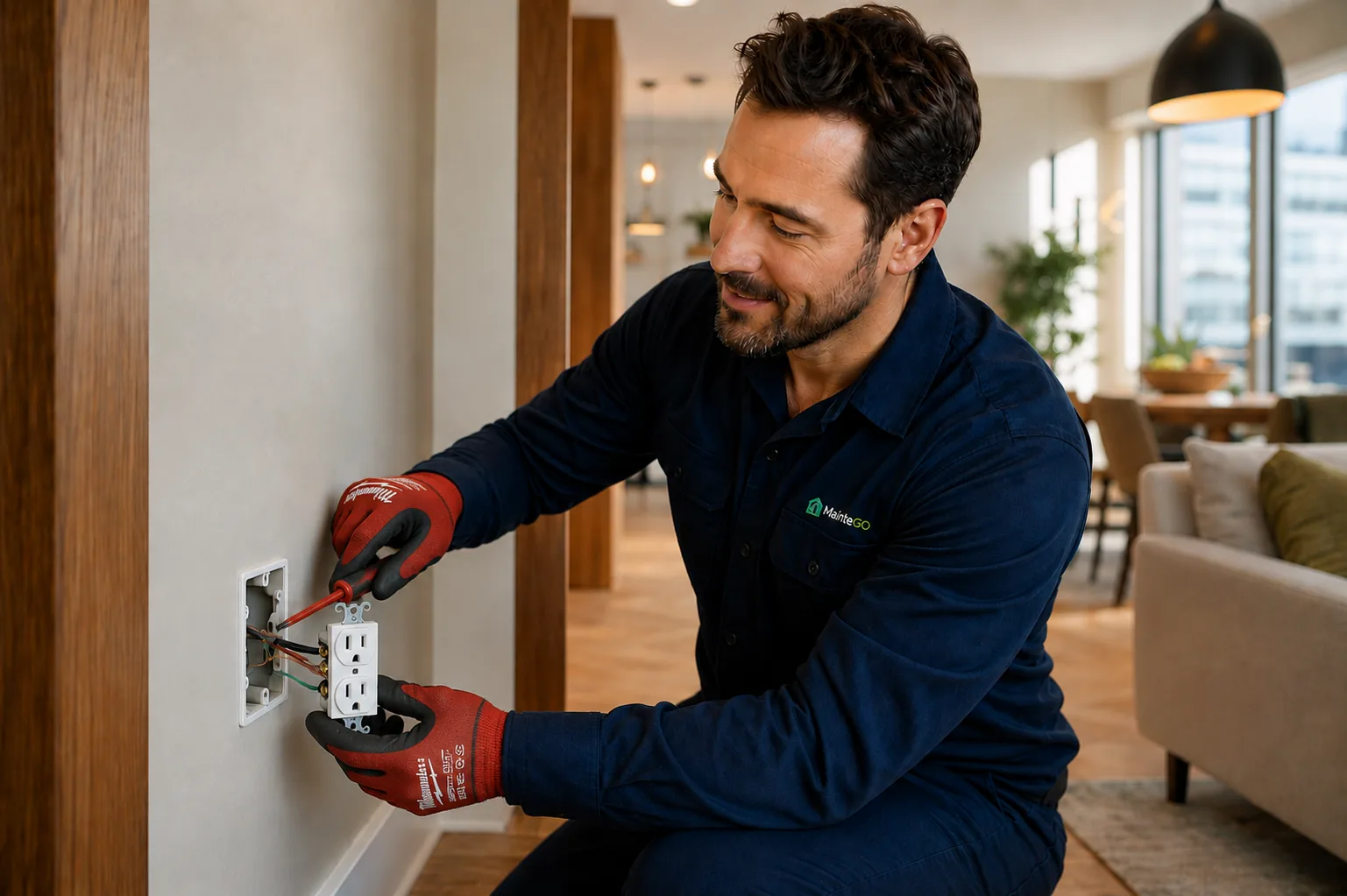 MainteGO electrician testing a wall outlet