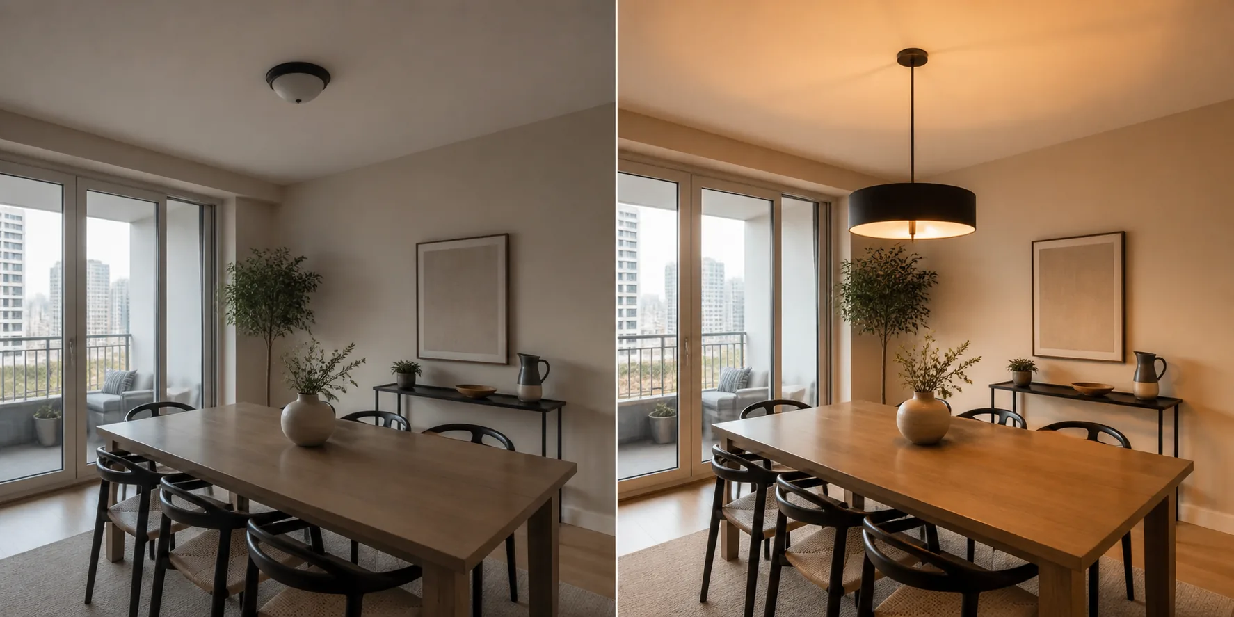 Dining room before and after a modern lighting installation