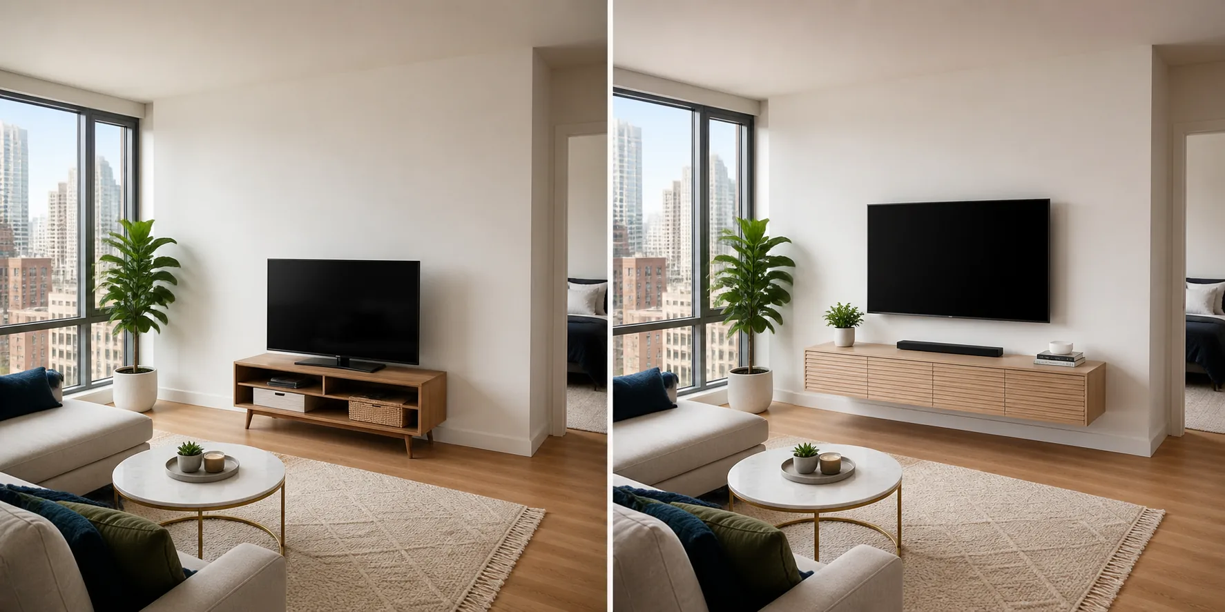 Living room before and after professional television mounting