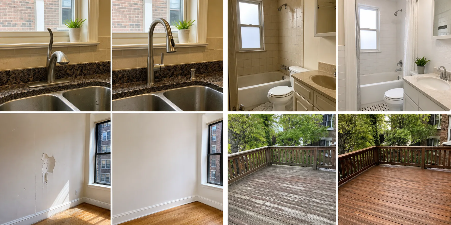 Before and after faucet, bathroom, drywall, and deck projects