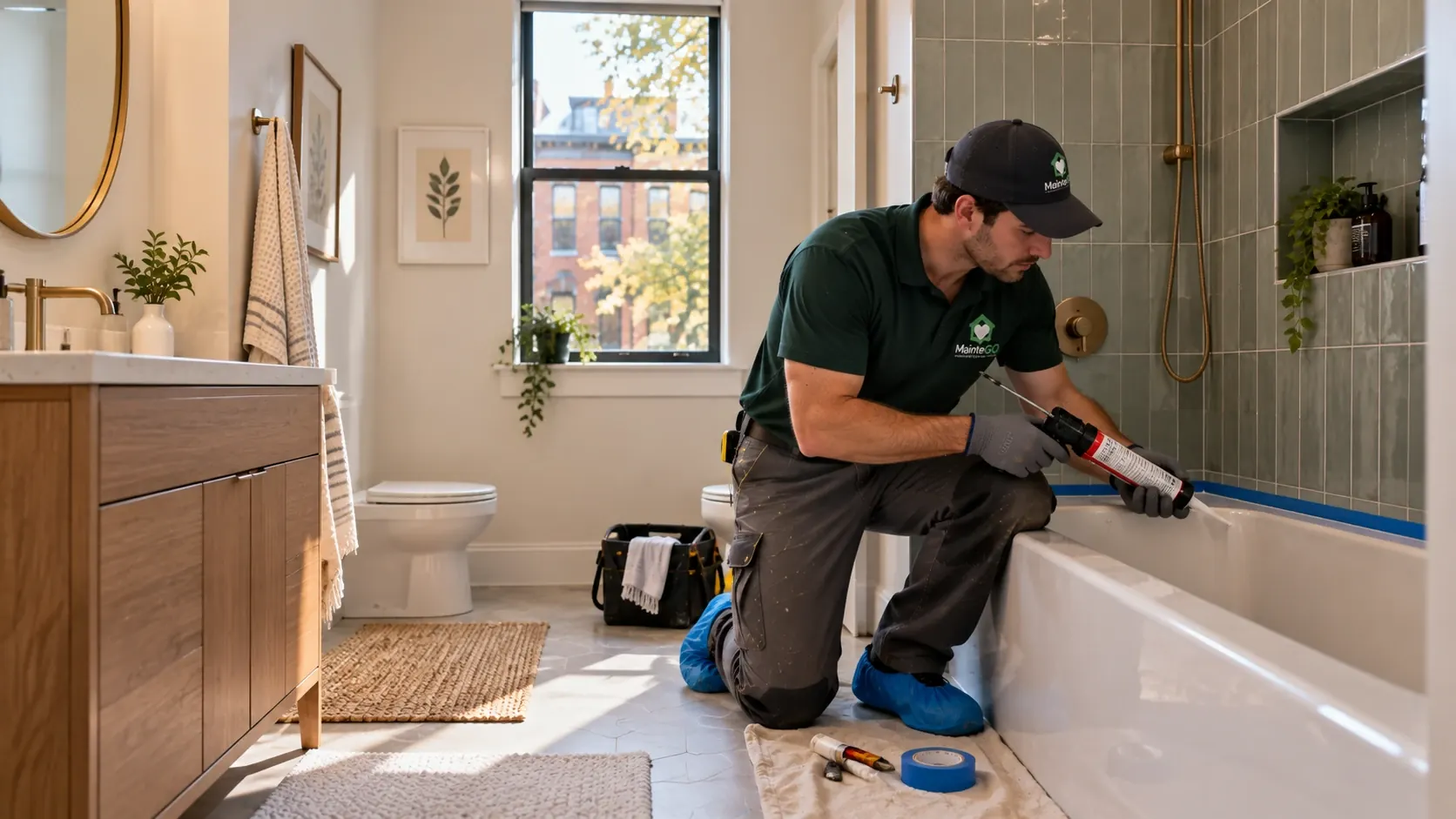MainteGO technician applying fresh caulk around a bathtub in Chicago