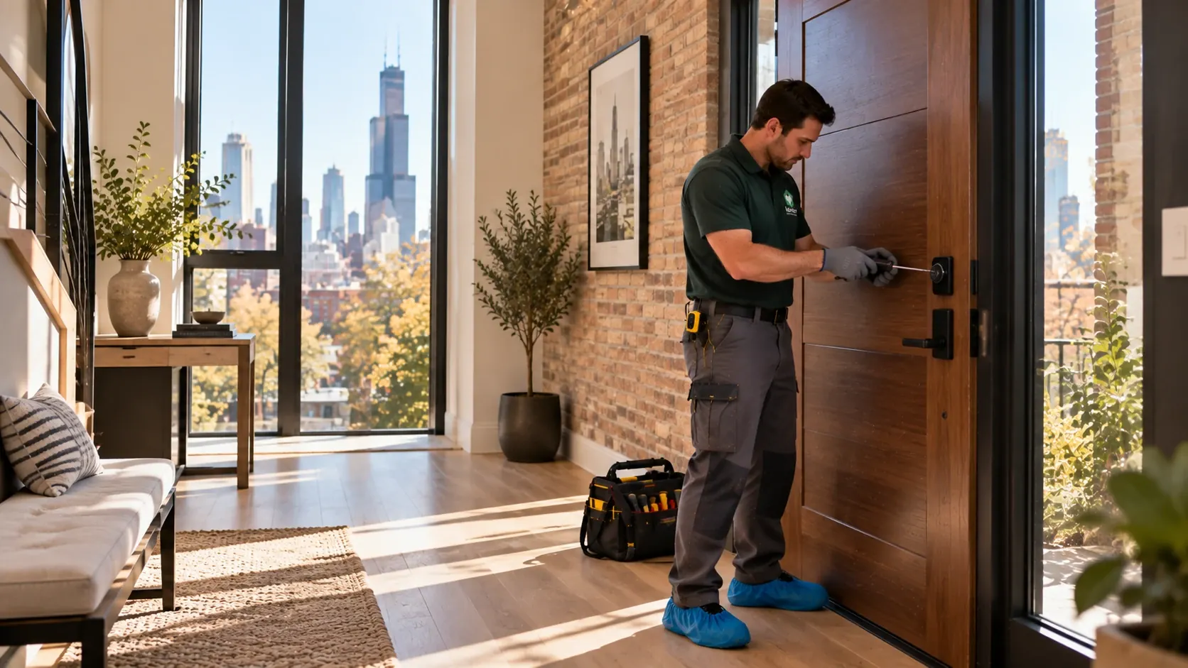 MainteGO technician repairing entry door hardware in a Chicago home