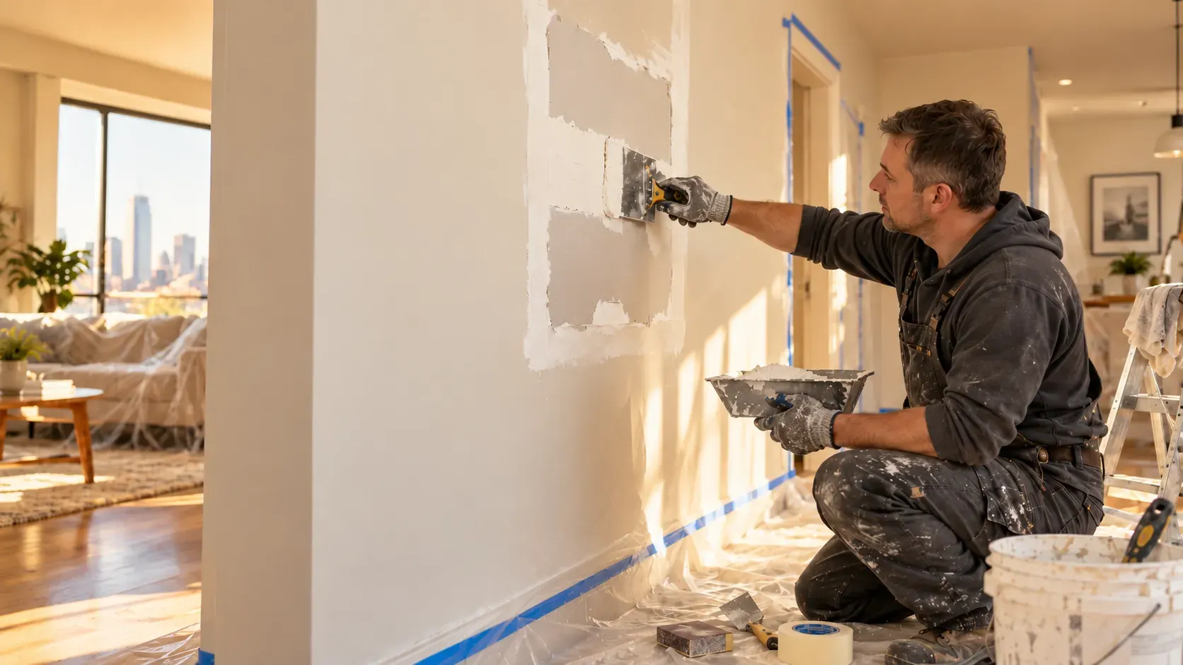 Professional repairing and finishing drywall in a Chicago apartment