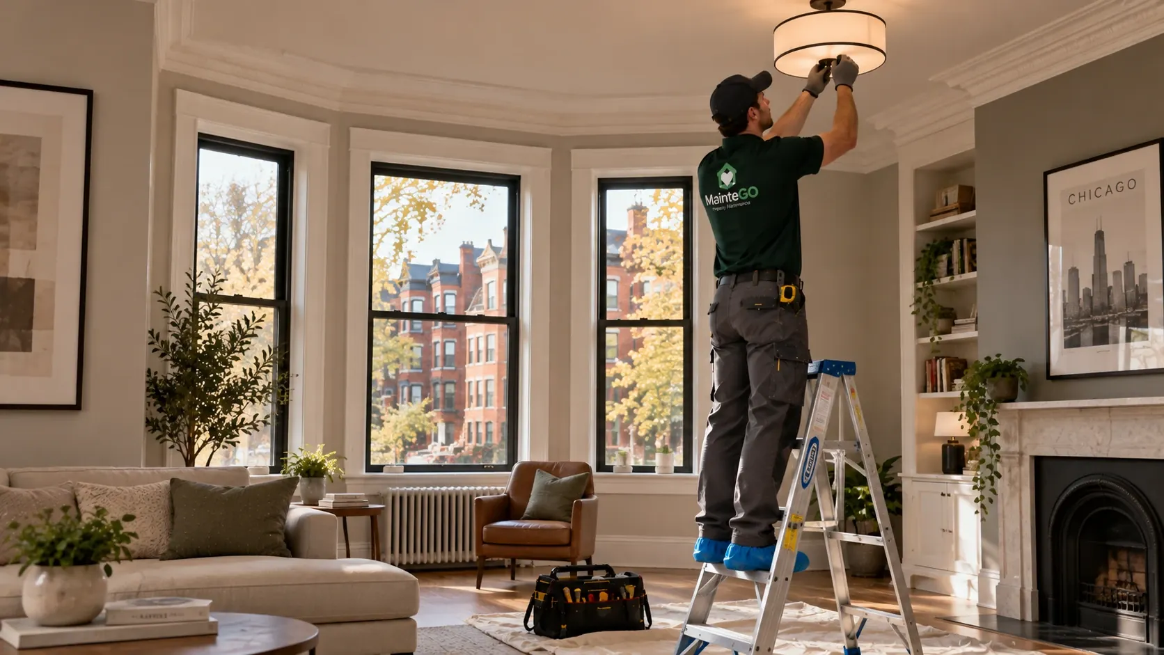 MainteGO technician servicing a ceiling light fixture in a Chicago home