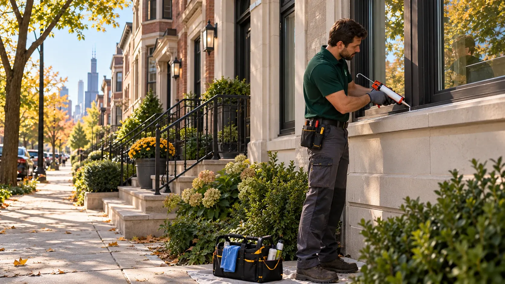 MainteGO technician caulking an exterior window in Chicago
