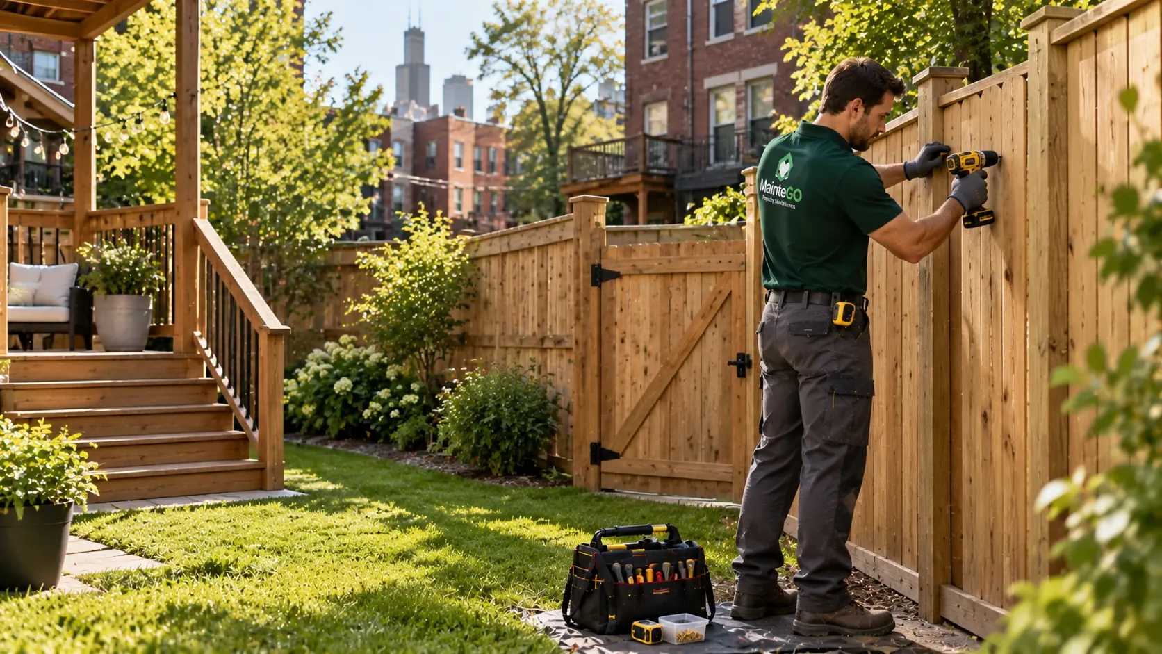 MainteGO technician repairing a wooden fence and gate in Chicago
