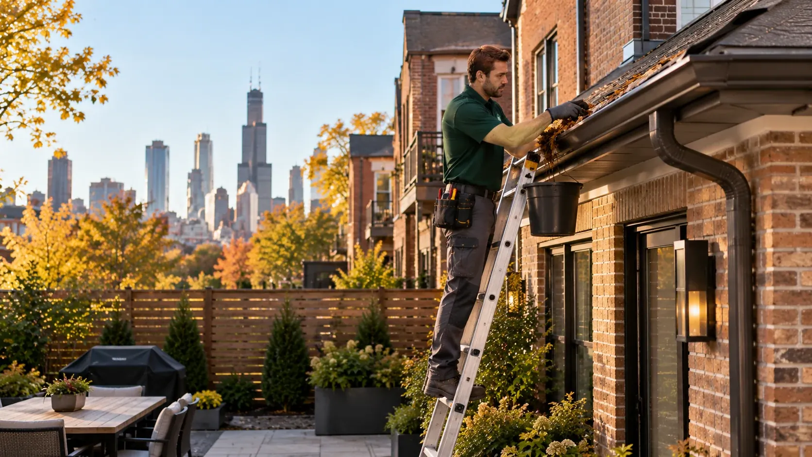 MainteGO technician cleaning gutters at a Chicago property