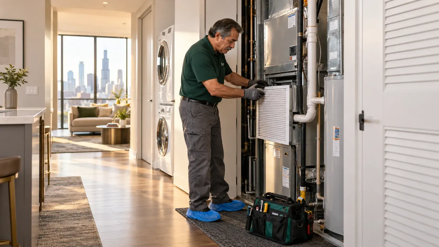 MainteGO HVAC specialist replacing an air filter in a Chicago home