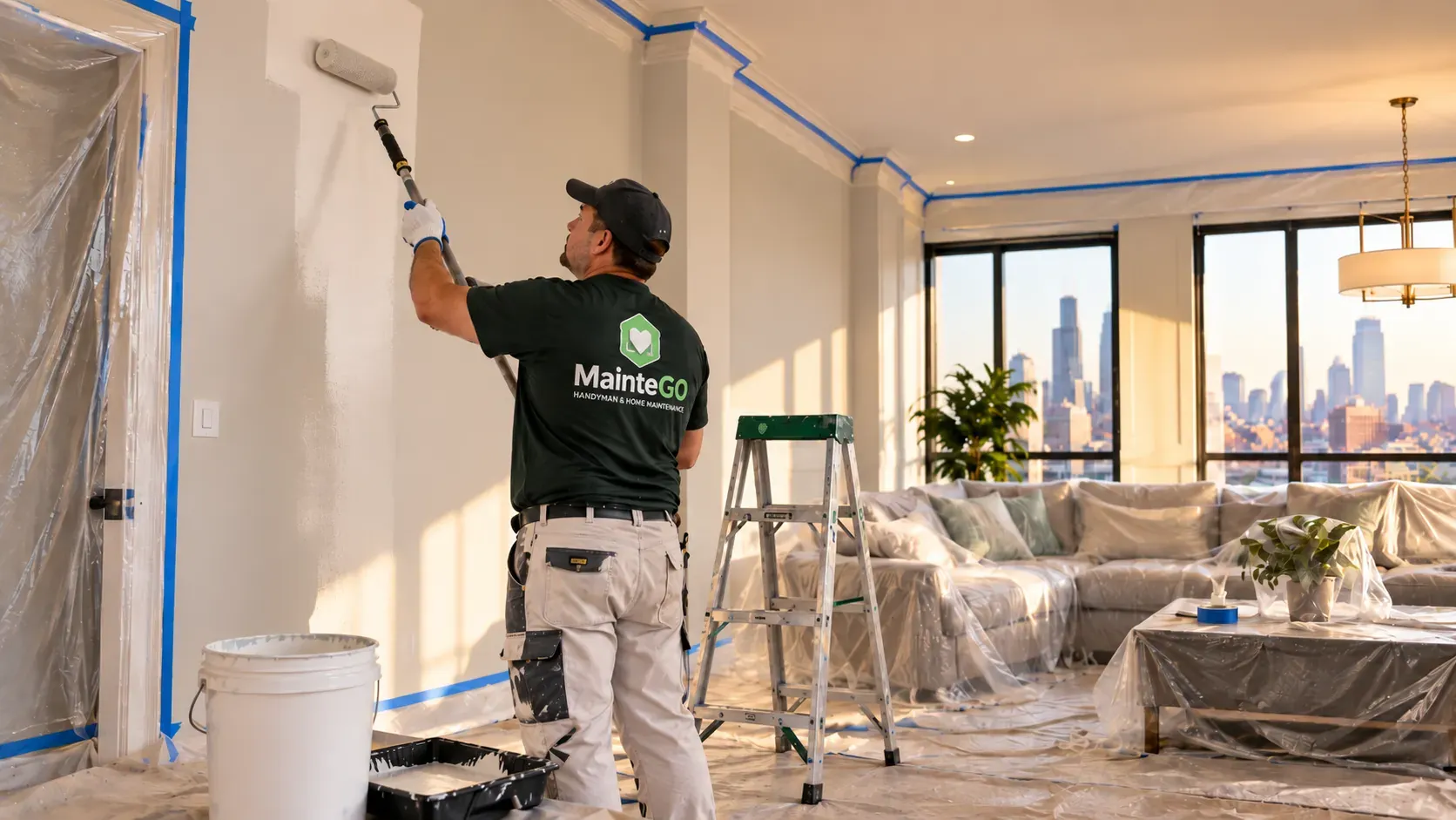 MainteGO painter applying fresh paint inside a Chicago home