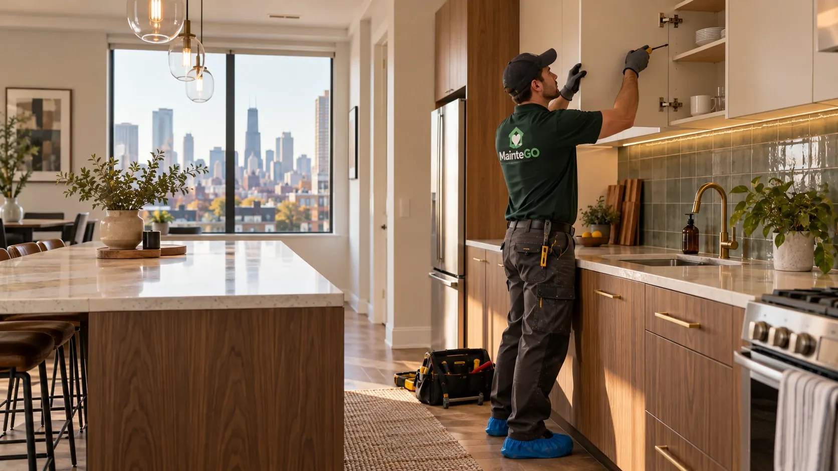 MainteGO technician repairing kitchen cabinetry in a Chicago condo