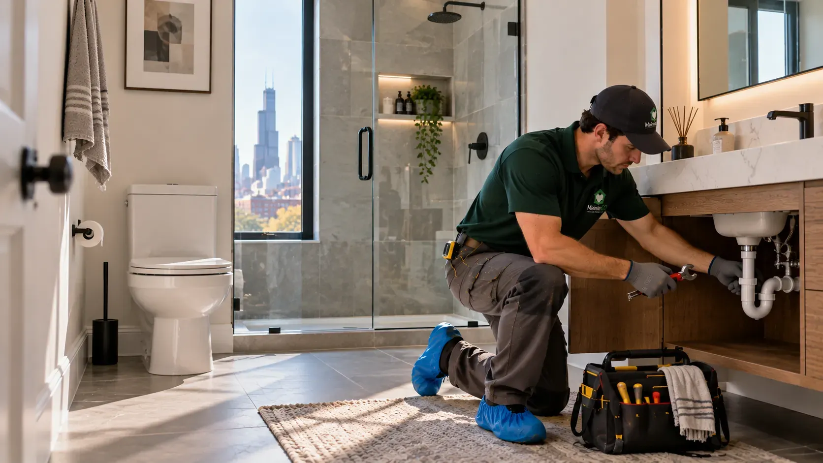 MainteGO plumber repairing a bathroom sink in Chicago