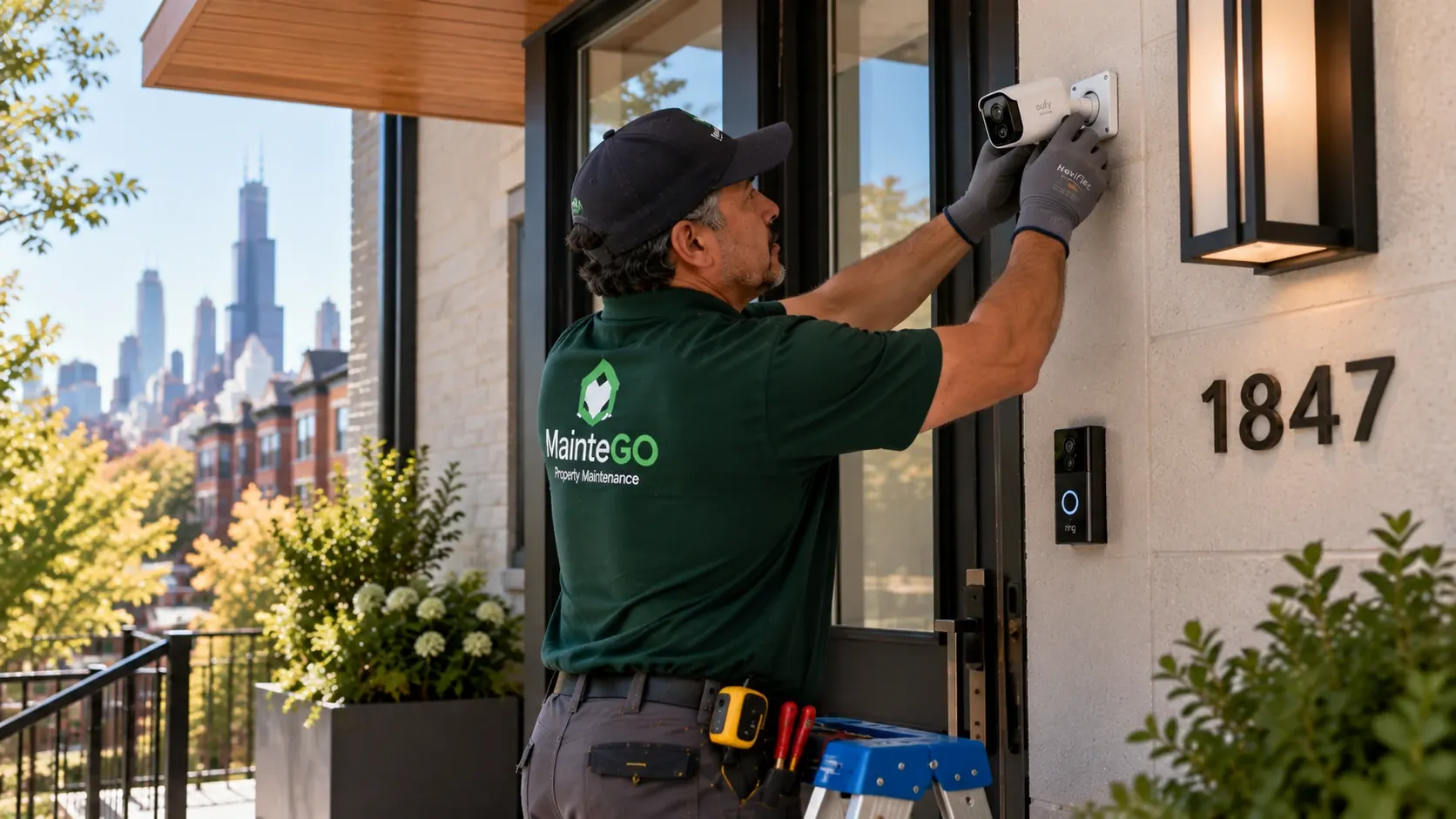MainteGO technician installing a smart home camera at a Chicago residence