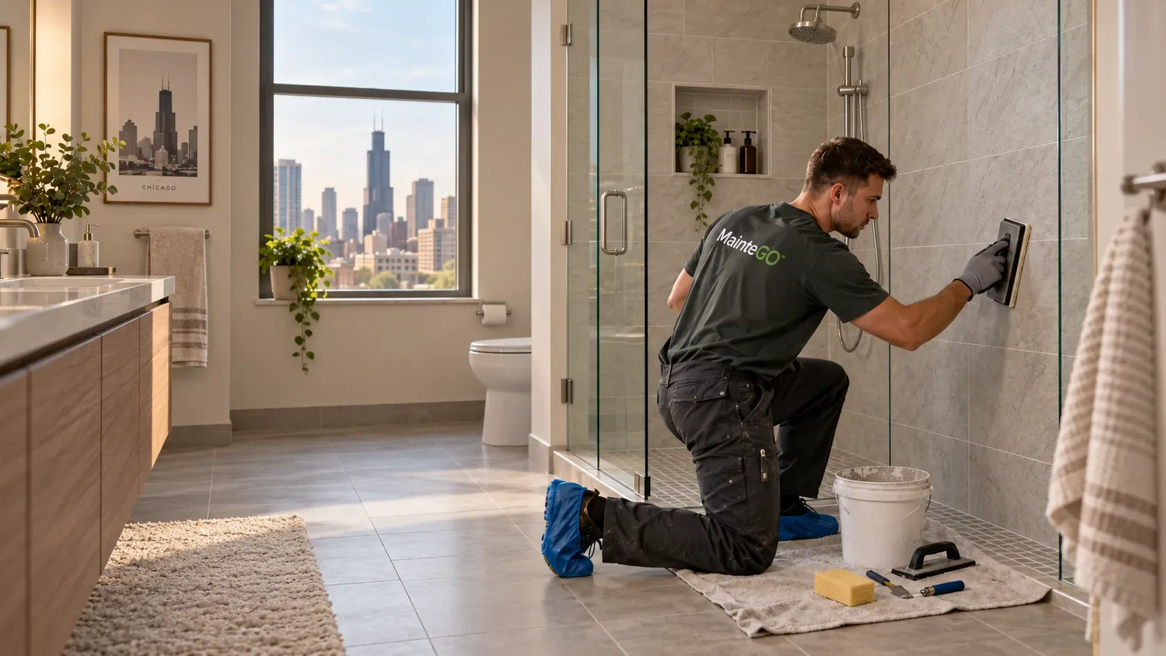 MainteGO technician repairing bathroom tile and grout in Chicago