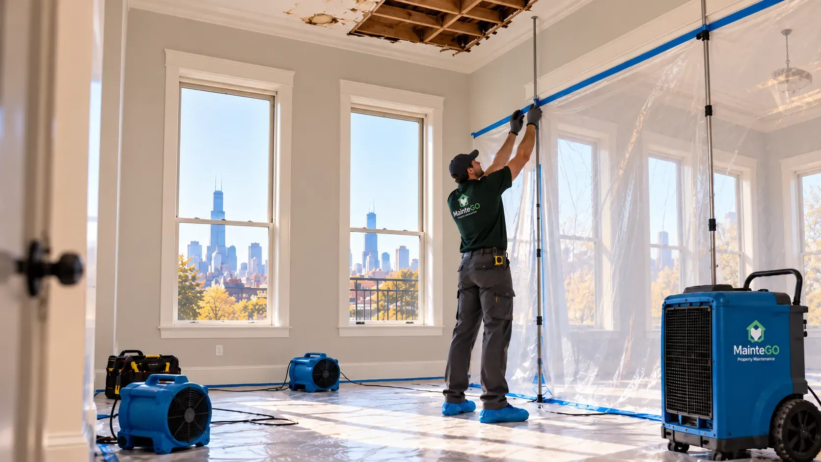 MainteGO technician preparing a dry Chicago apartment for water damage repairs