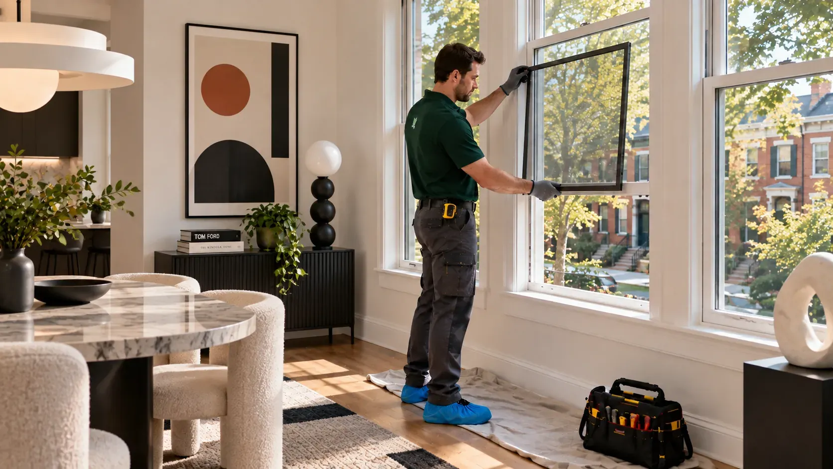 MainteGO technician installing a window screen in a Chicago townhouse